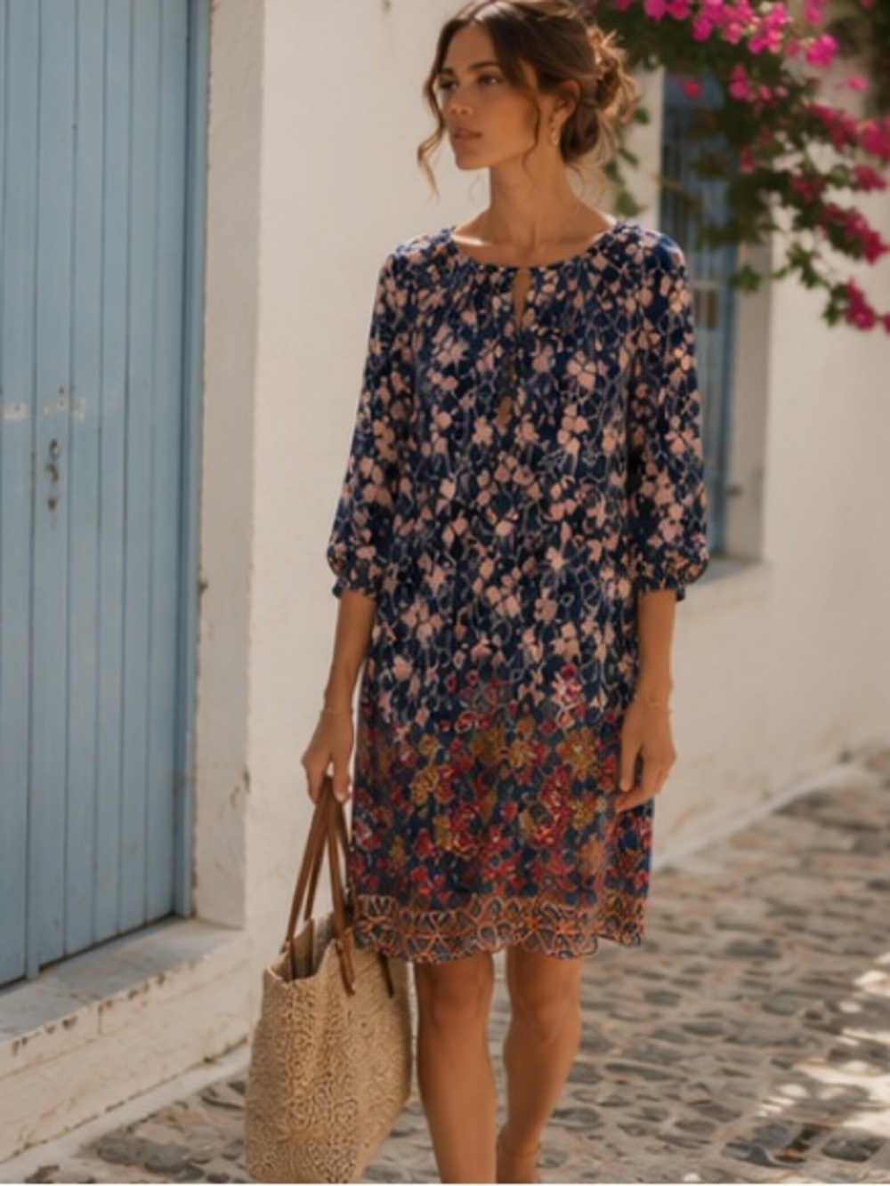 Comptoir des Cotonniers 100% Silk Botanical Border Print Shift Dress FR 44 US 12